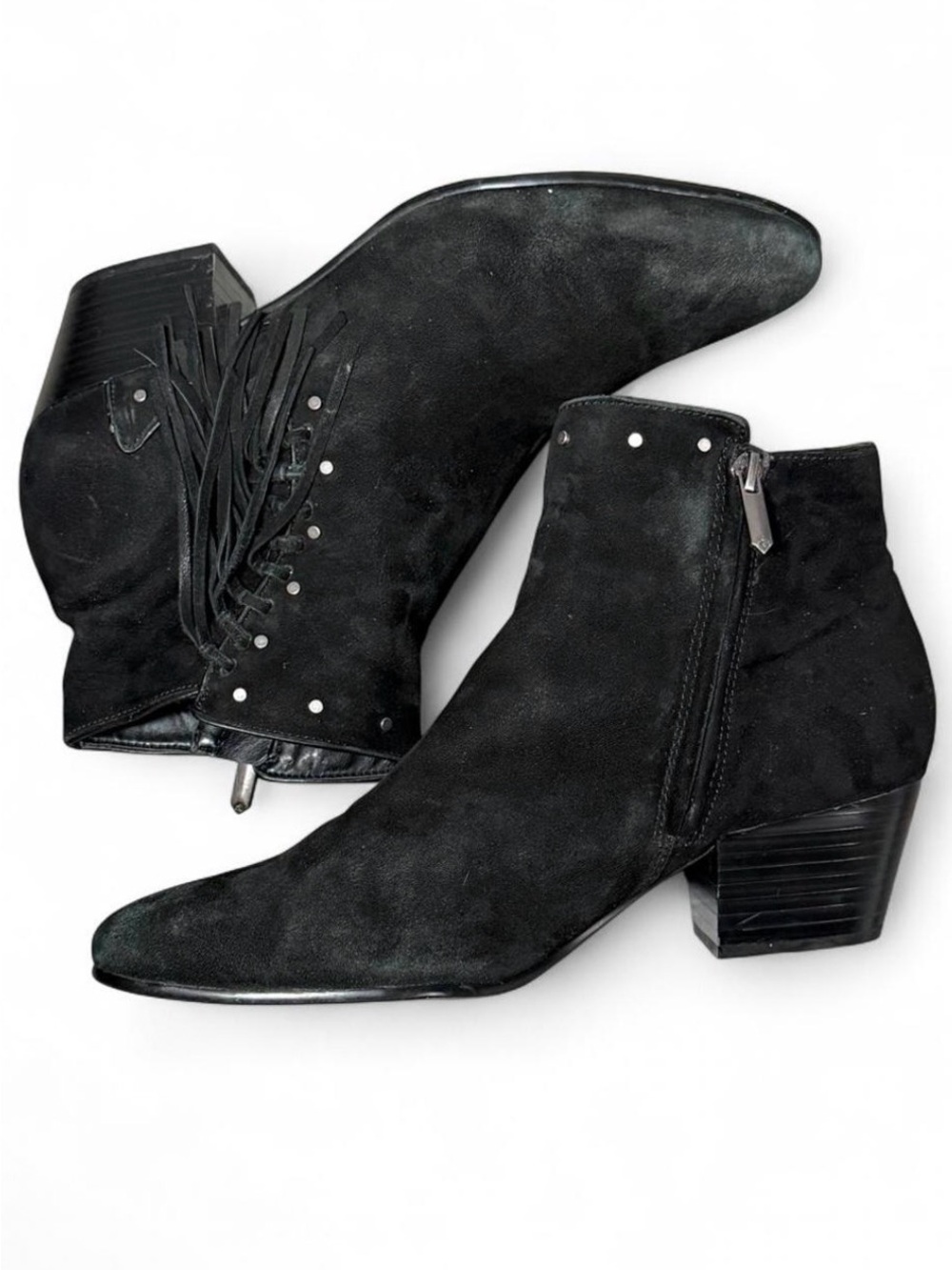 Sam Edelman Black Suede Fringe Studded Ankle Boots Western Festival Boho Size 9